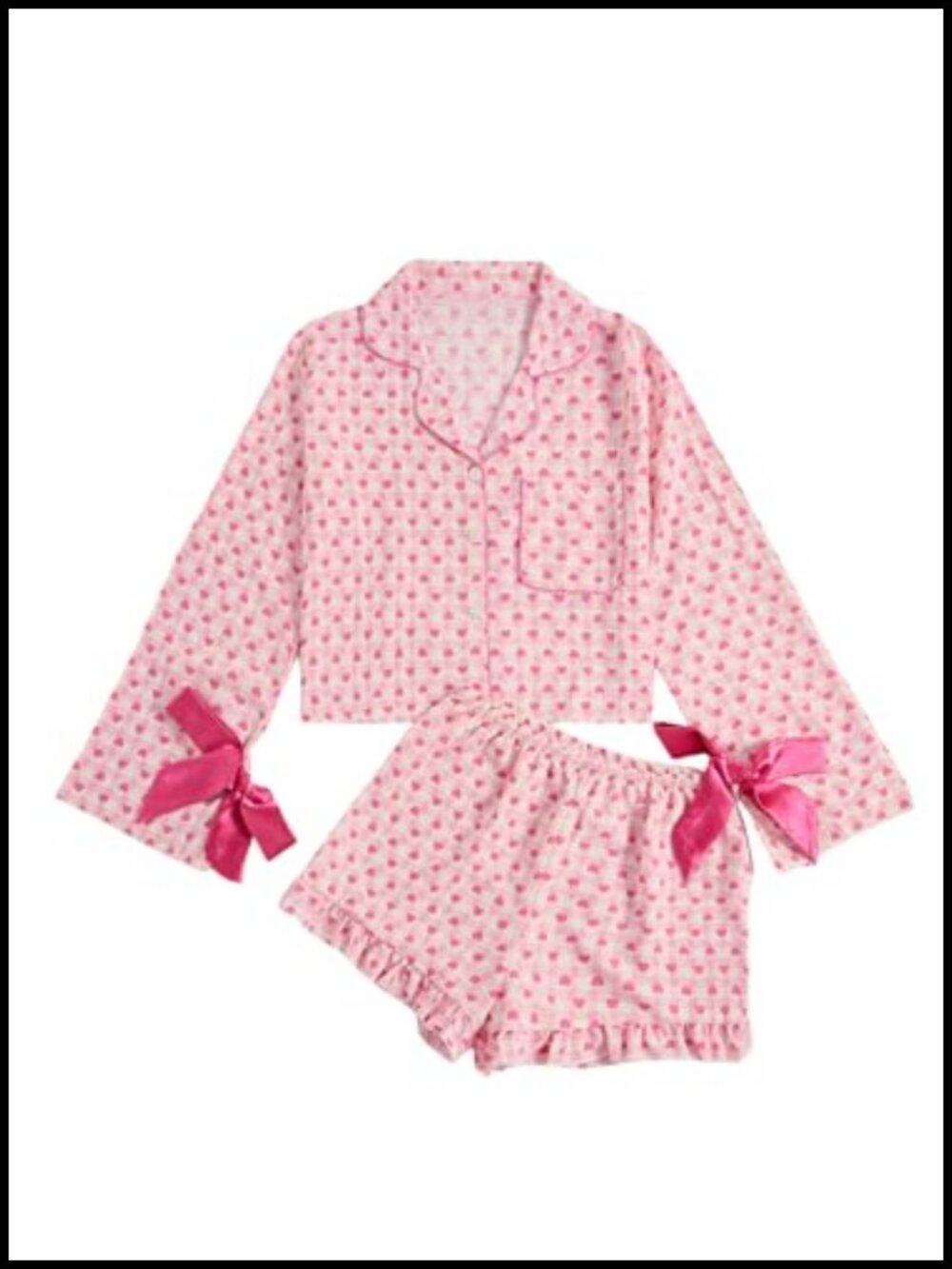 Women's Button Down Pajama Set Long Sleeve Bow Top Ruffle Shorts Lounge